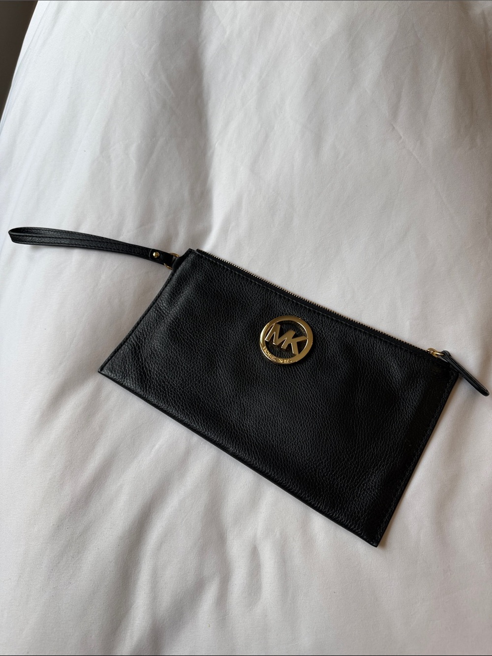 Michael Kors Black Leather Wristlet with Gold MK Emblem